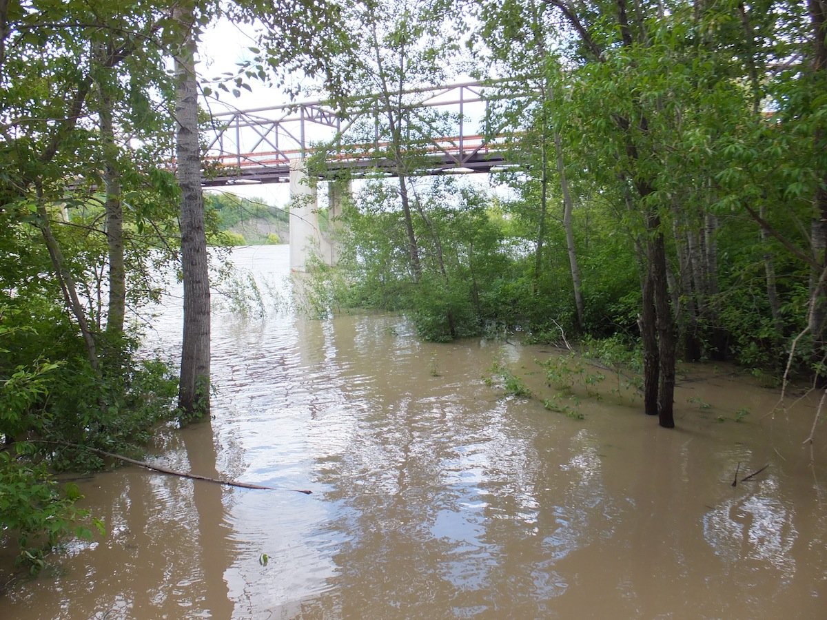 Just south of the walking bridge. This area is normally dry. 